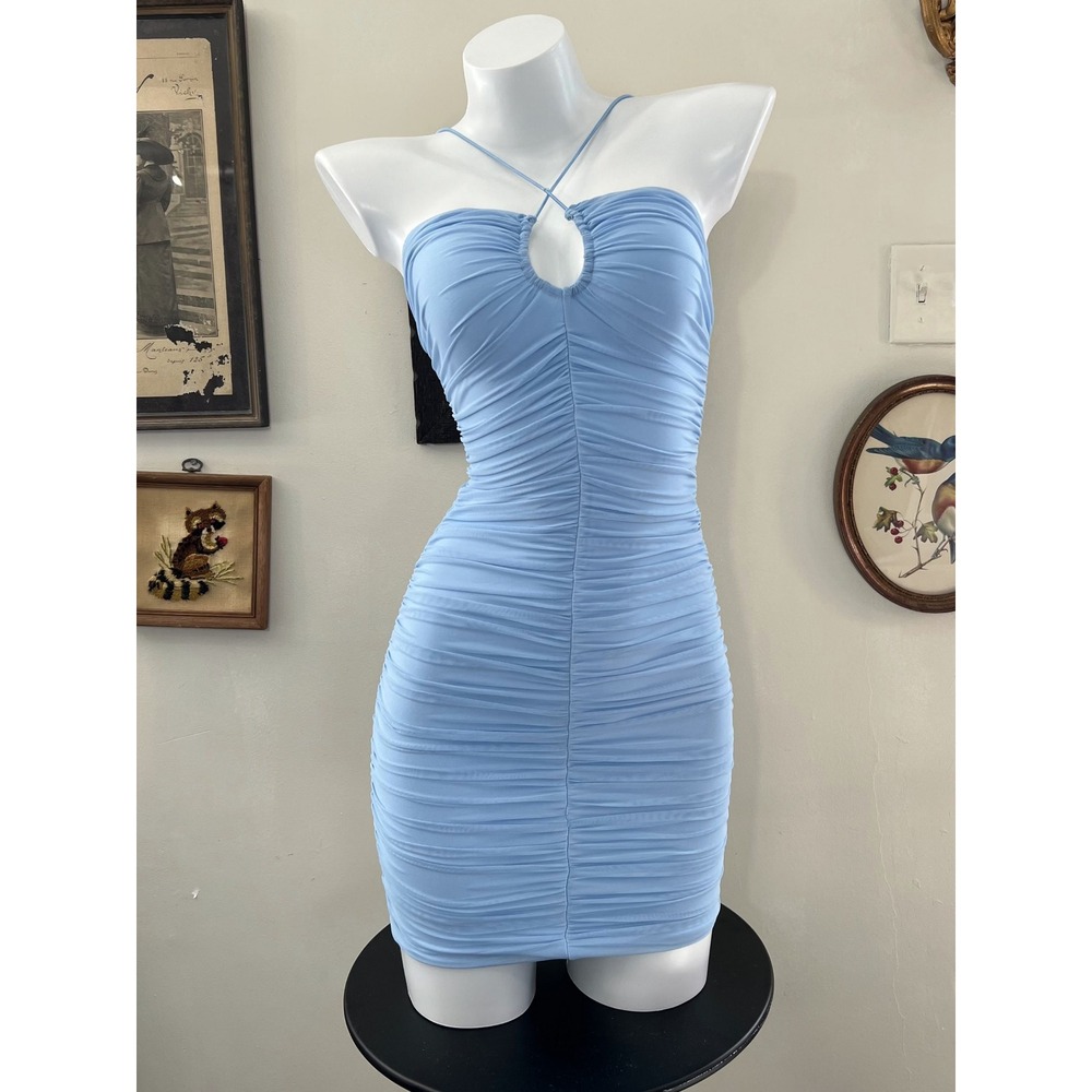 Oh Polly Light Blue Ruched Halter Bodycon Mini Dress Size US 4